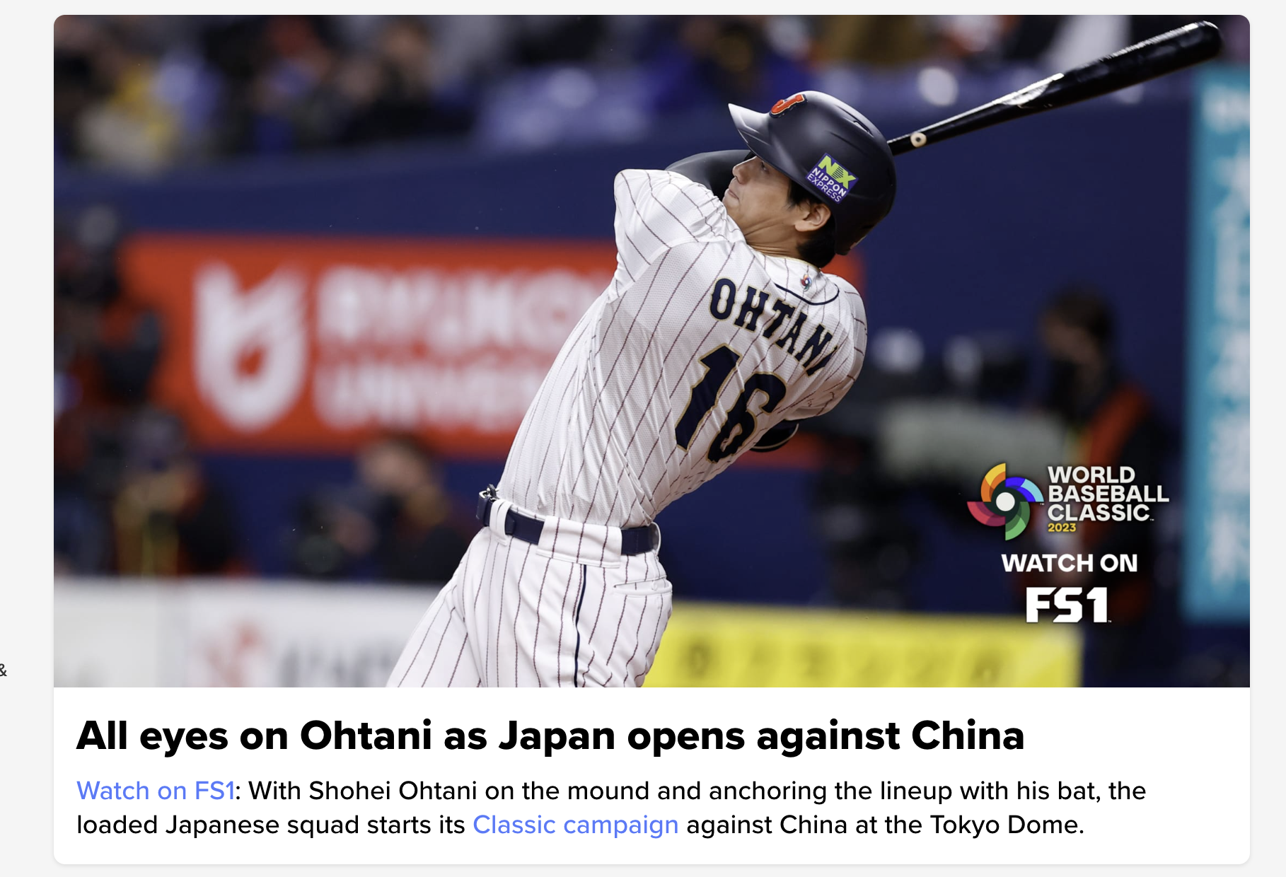 Baseball: Shohei Ohtani to start Japan's WBC opener against China